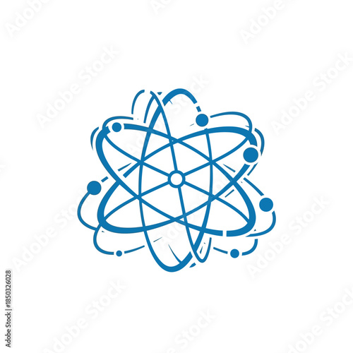 Blue atomic model with orbiting electrons on gray background grid