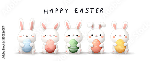 Cute easter bunnies holding colorful decorated eggs