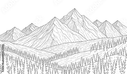 a detailed black and white drawing depicts a majestic mountain range with dense forests at the base creating a serene landscape high quality
