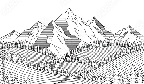 A detailed black and white illustration depicts a majestic mountain range with coniferous forests and rolling hills creating a serene landscape high quality