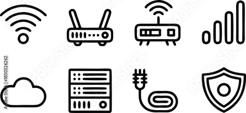 internet connection and security vector icons set with wifi router server cloud and shield