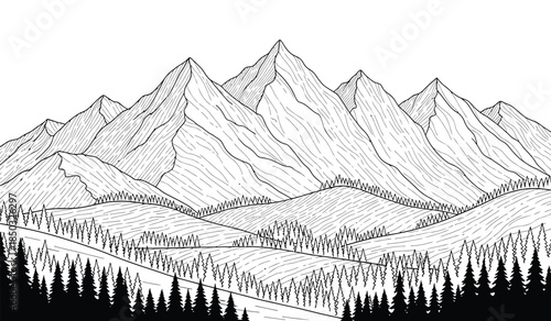 a detailed black and white illustration depicts a majestic mountain range with lush forested slopes and a serene landscape high quality professional modern