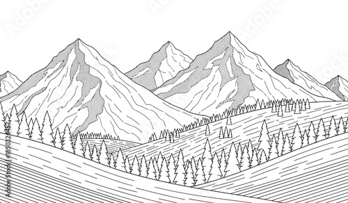 a detailed black and white line drawing depicts a mountainous landscape with coniferous trees and rolling hills showcasing natural beauty and tranquility