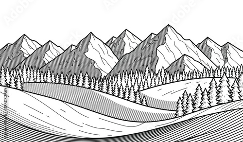 a detailed black and white illustration depicts a mountainous landscape with a forested foreground showing rolling hills and sharp peaks high quality professional