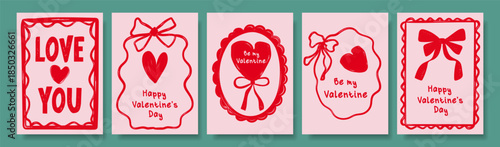 A set of five cute doodle-style Valentine's Day cards featuring handwritten messages, hearts, and bows on a light pink background, perfect for greeting someone this holiday.