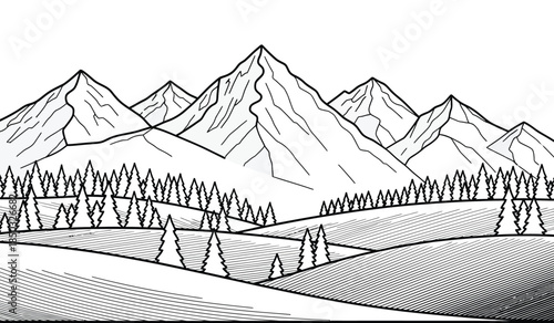 a detailed black and white illustration showcases a serene mountain landscape with layered peaks and a dense forest below evoking tranquility high quality