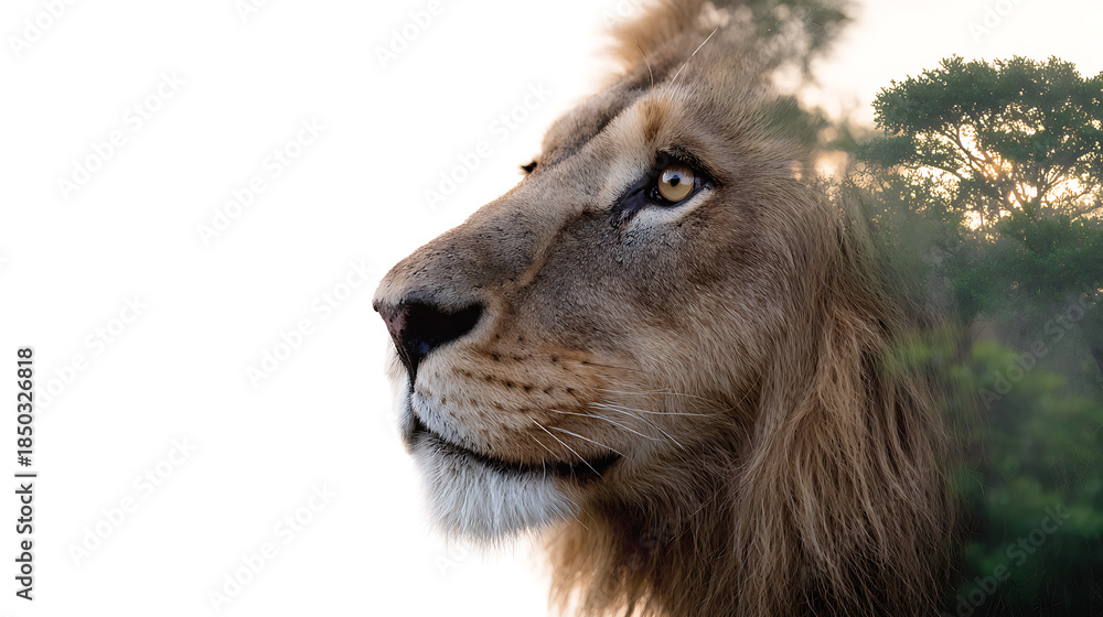 Fototapeta premium Lion head profile overlaying african savanna trees