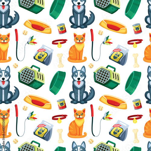 pets items pattern. interior home animals accessories, toys, veterinary items. vector flat seamless pattern.