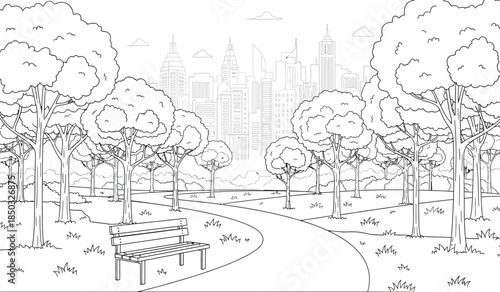 a detailed black and white line drawing depicts a tranquil park scene with lush trees a winding path and a distant cityscape skyline