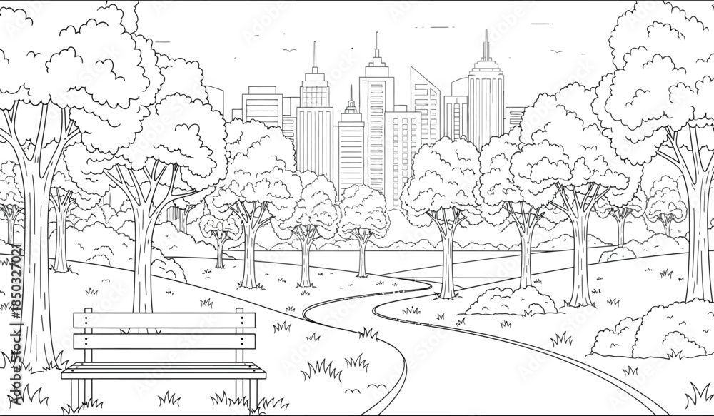Fototapeta premium a detailed black and white drawing showcases a tranquil park scene with winding paths lush trees and a distant cityscape forming a scenic backdrop