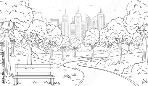 a detailed black and white drawing showcases a tranquil park scene with winding paths lush trees and a distant cityscape forming a scenic backdrop