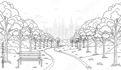a detailed black and white illustration depicts a park scene with a winding pathway lush trees a solitary bench and a distant cityscape in the