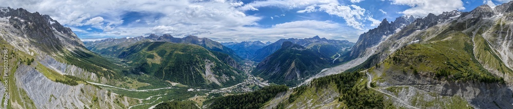 Fototapeta premium Aerial view toward Courmayeur valley from Pavillon du Mont Frety - Courmayeur, Italy