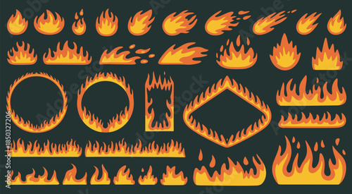 Horizontal fire flames, frames of fiery geometric shapes around a circle, square, and triangle, burning and flying lights, isolated vector set perfect for animation, digital effects, gaming graphics
