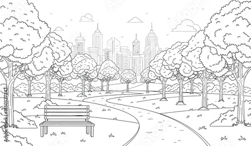 a detailed line art illustration depicts a tranquil park scene featuring a winding path and a city skyline in the background with lush trees and