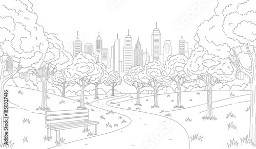 a detailed black and white line drawing showcases a lush park with winding pathways trees a bench and a distant cityscape skyline in the background