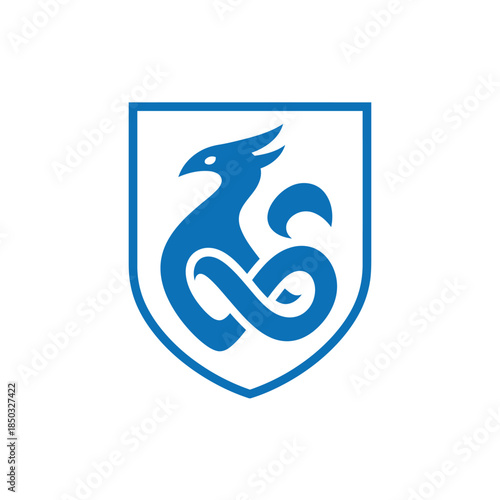 Blue heraldic shield with mythical bird creature logo on checkered background