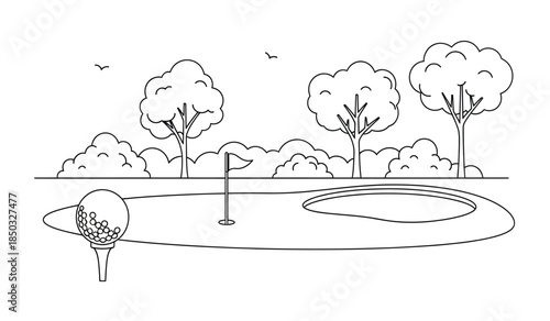 a simple black and white illustration depicts a golf scene with trees birds a flag and a golf ball on a tee
