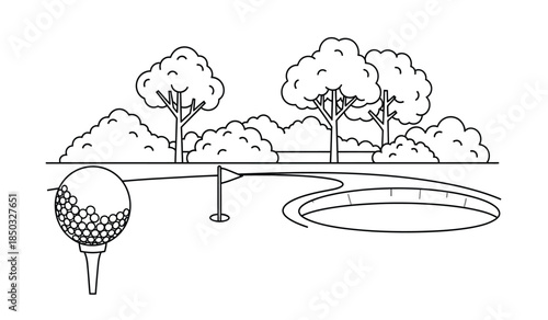 a minimalist black and white illustration depicting a golf scene with trees a fairway a golf ball and a flagstick high quality professional