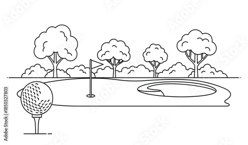 a simple black and white illustration depicts a golf scene with a golf ball on a tee a flag trees and a water hazard