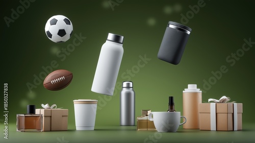 Wallpaper Mural Creative advertising composition of floating travel mugs, footballs, sports bags, perfume bottles, and coffee cups on dark green background, vibrant colors, visually striking. Torontodigital.ca