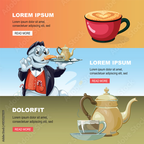 tea time banners. mugs with hot drinks, sweet desserts, snowman with tea cup. vector cartoon horizontal banner.