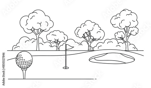 a simple black and white line drawing depicts a golf scene showcasing a golf ball on a tee a flag and trees