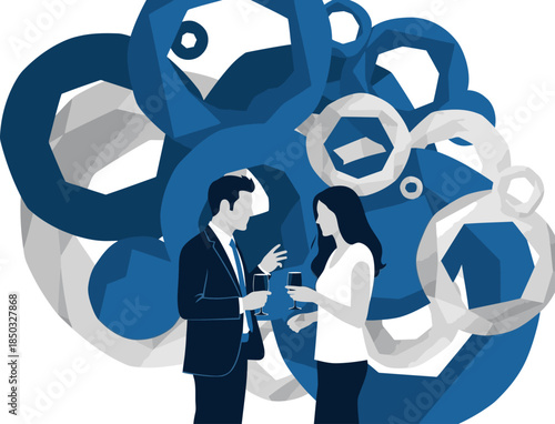 Elegant couple conversing at a social event. Modern, geometric design creates a sophisticated backdrop. Refined style, business networking.