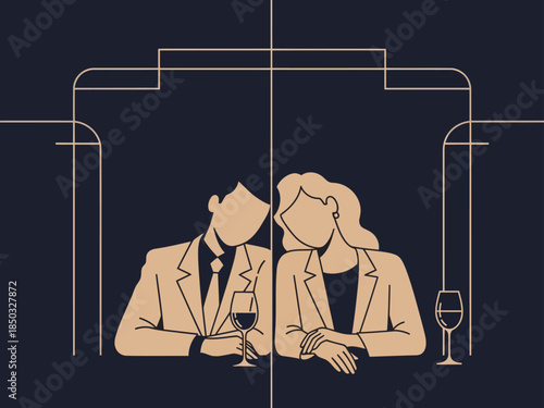 Elegant couple in suits share a drink, symbolizing fresh starts. Modern, minimalist design with a sophisticated feel. Perfect for business or lifestyle themes.
