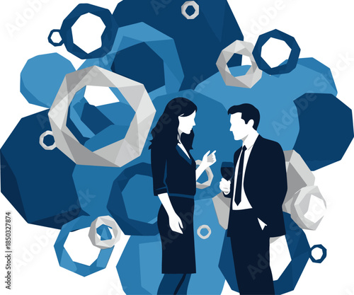 Elegant couple conversing at a sophisticated event. Refined style and modern design create a stylish atmosphere. Perfect for business or lifestyle visuals.