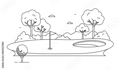 a simple black and white illustration depicts a golf course scene with trees a golf ball on a tee and a hole