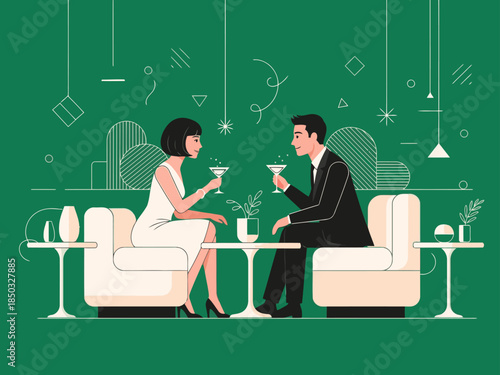 Elegant couple enjoys a sophisticated evening cocktail, bathed in a stylish, modern setting. A perfect illustration for luxury and romance.