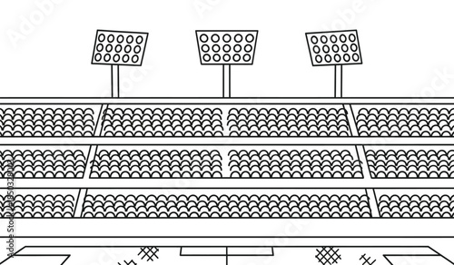 a detailed line drawing depicts a stadium with tiered seating floodlights illuminating the field and a vast empty playing surface below high quality