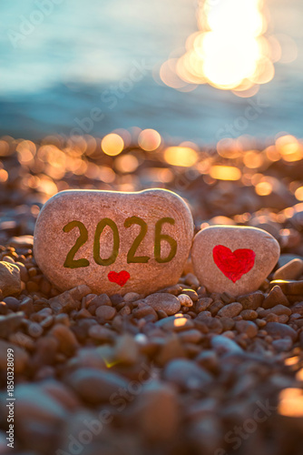 The year 2026 etched on a rock by the ocean
