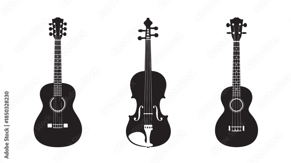 Naklejka premium Guitars and Violin Silhouettes in Simple Flat Design on White Background for Music Illustration