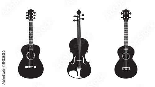 Guitars and Violin Silhouettes in Simple Flat Design on White Background for Music Illustration