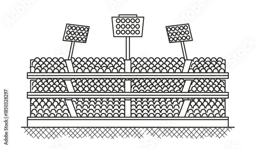 a detailed black and white line drawing depicts a stadium with multiple rows of seating illuminated by several floodlights above the field