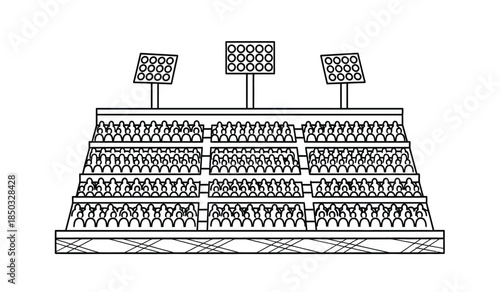 a simple black and white line drawing depicts a stadium with tiered seating and three floodlights overhead showcasing architectural design high quality professional