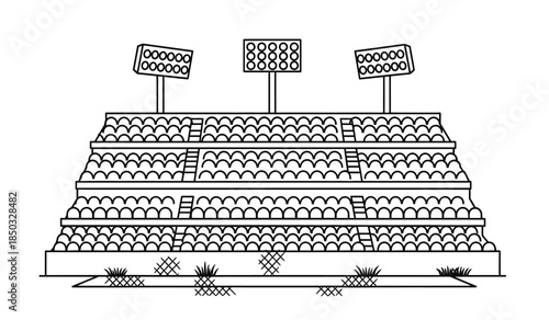 a detailed black and white line drawing depicting a stadium with tiered seating and prominent floodlights above the field high quality professional modern