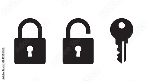 Locked and Unlocked Padlocks with Key in Simple Flat Design in Black Color on White Background for Security Icon Set