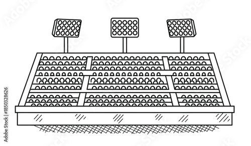 a simple black and white line drawing depicts three stadium spotlights on a tiered base illustrating a minimal and graphic representation of stage lighting