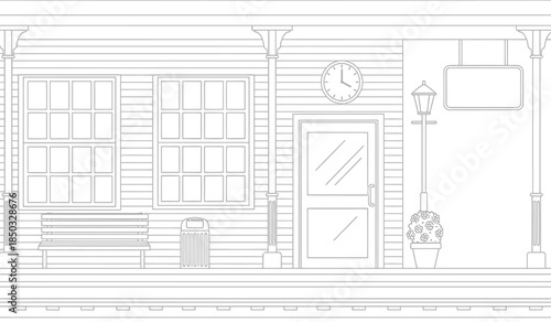 a detailed black and white line drawing depicts a quaint facade with windows a door a clock and street furniture high quality professional