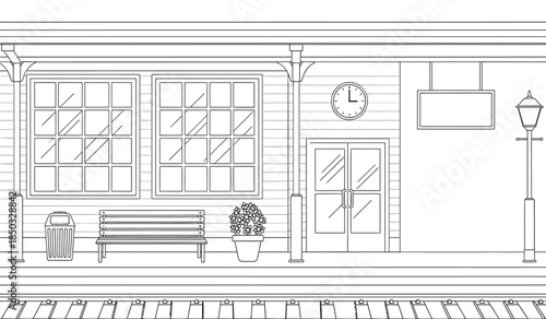 a detailed black and white line drawing depicts a quaint station facade with windows a door clock and a bench evoking a vintage aesthetic