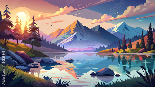 Very beautiful morning lake view with calm water reflecting distant mountains, soft light, and peaceful atmosphere, creating a timeless natural landscape ideal for relaxation and contemplation.