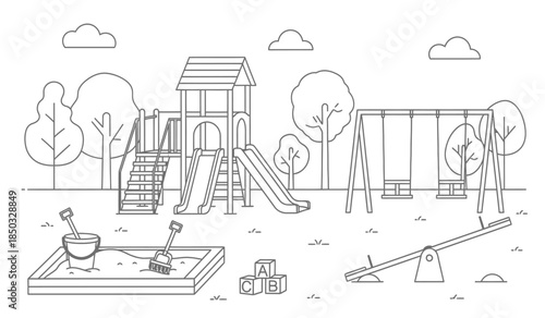 a detailed line drawing depicts a charming outdoor playground with a slide swing set and sandbox framed by trees and fluffy clouds above