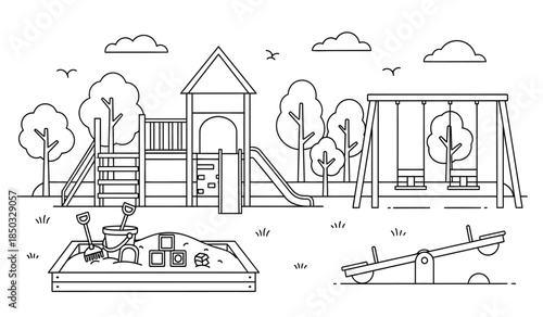 a detailed line drawing depicts a whimsical outdoor playground scene with a swing set slide and sandbox perfect for children s imaginative play