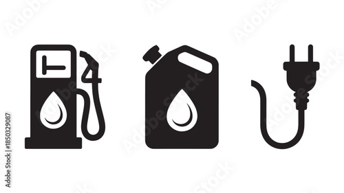 Fuel Icons in Simple Flat Design with Black Silhouette on White Background for Energy Industry