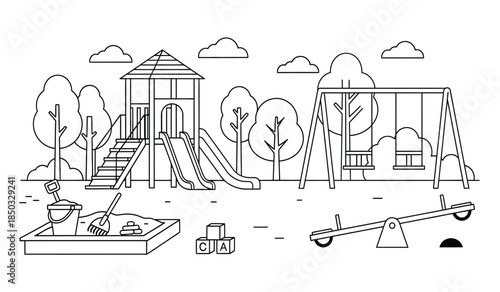 a black and white line drawing showcases a playground scene with a playhouse slide swing set sandbox and seesaw in a park setting