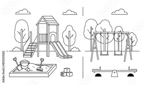 a simplified line drawing depicts a children s playground featuring a wooden playhouse a slide swings a seesaw and a sandbox with play tools