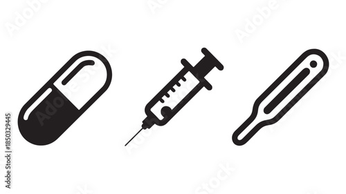 Medical Icons Capsule, Syringe, and Thermometer with natural lighting and detailed texture for commercial background